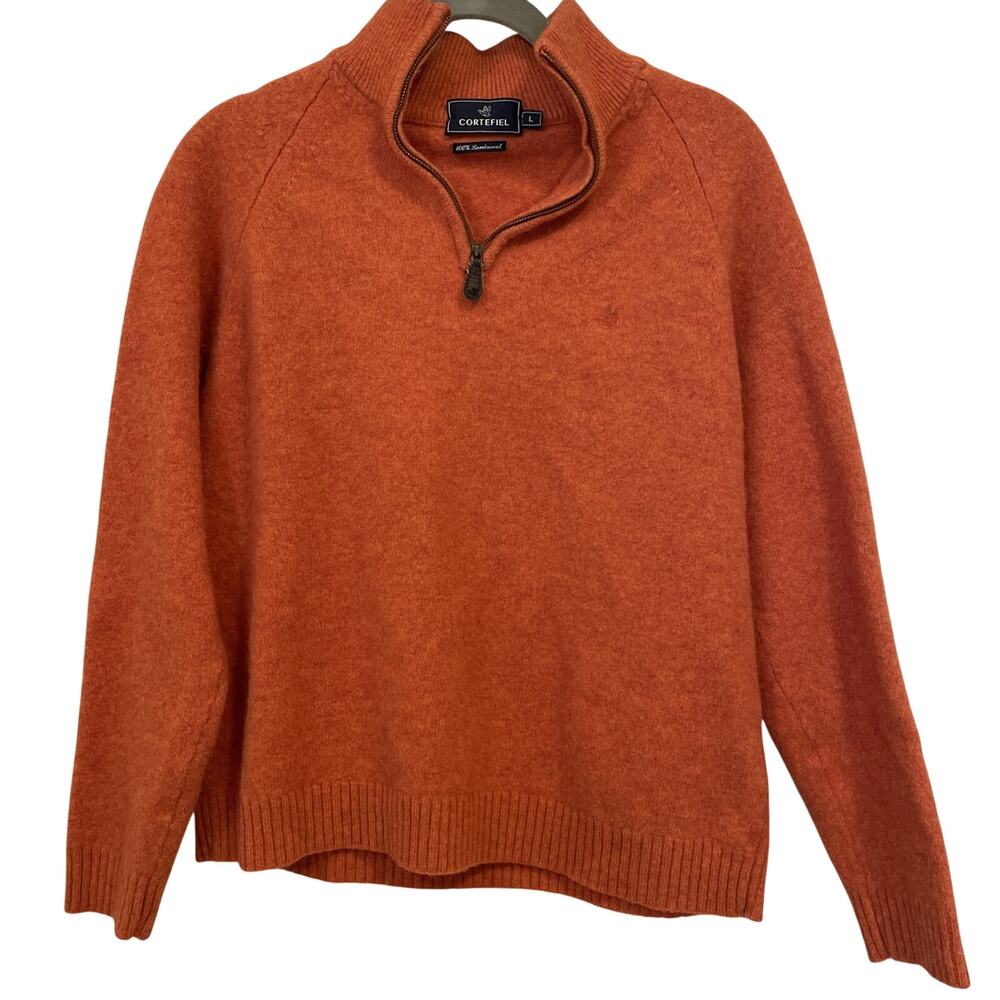 CORTEFIEL 100% Lambswool 1/4 Zip Pullover - Size Large - Orange